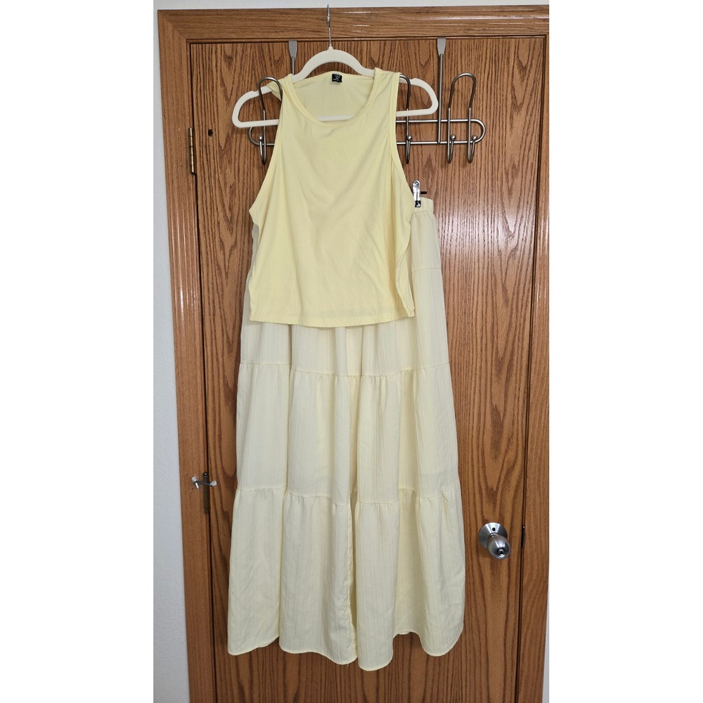 Pale Yellow Ribbed Tank Top and Tiered Maxi Skirt Set 2XL